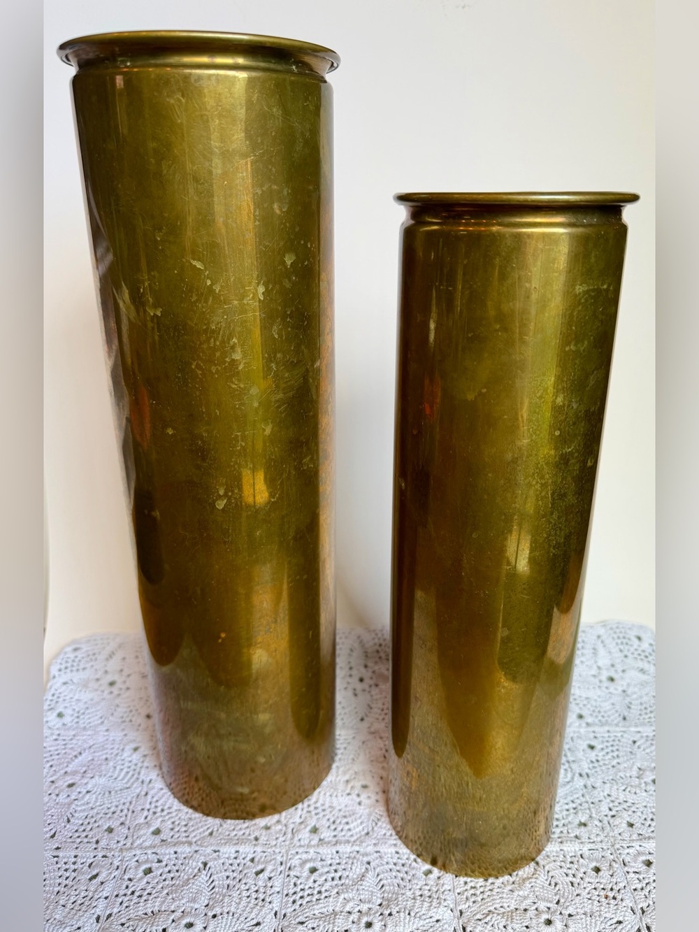 Vintage Brass Umbrella Stand Vase Set Pair 15” & 12” Mid Century Decor